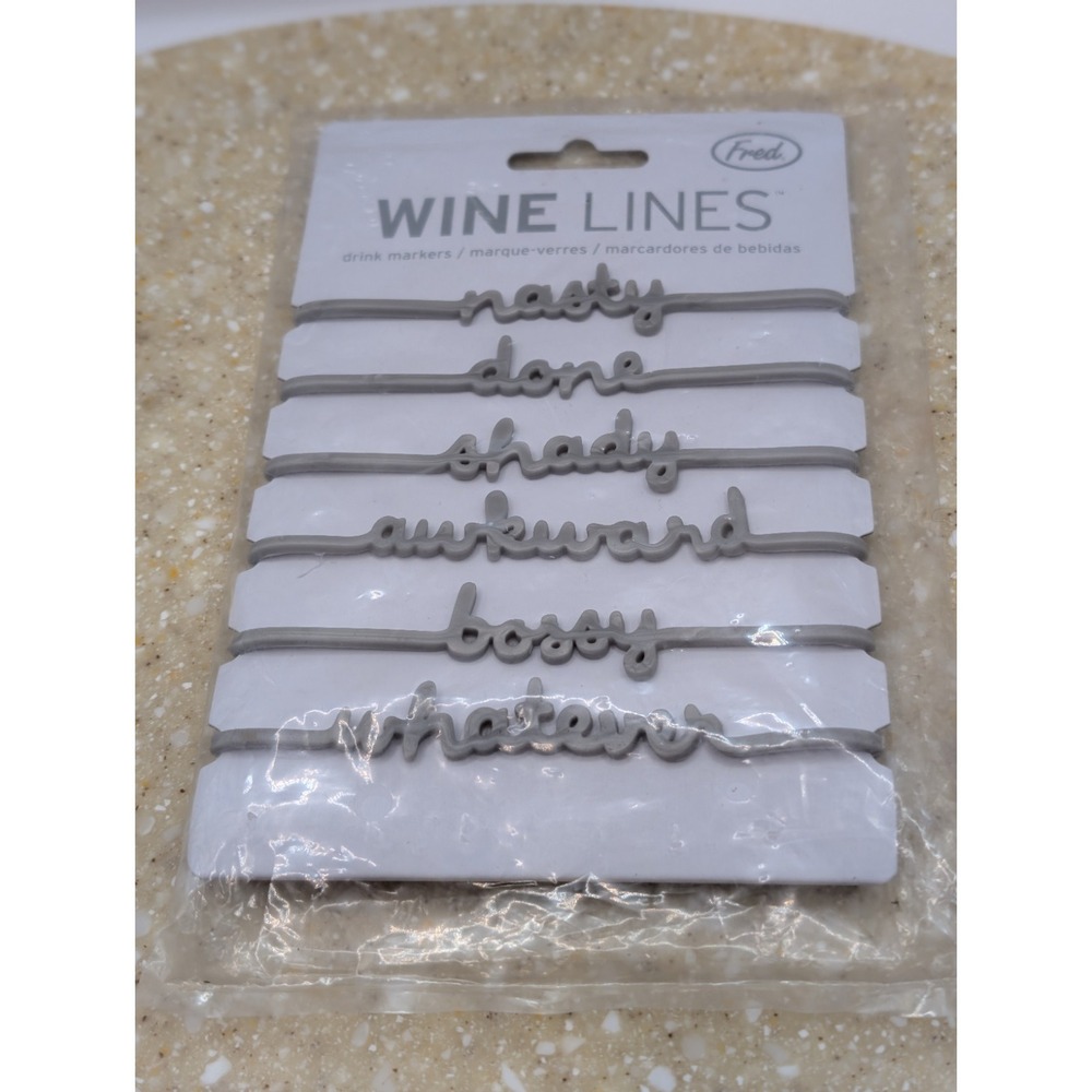 Fred Snarky Wine Lines (6) Silver Wine Glass Markers Bracelet Gift Wrapping etc.